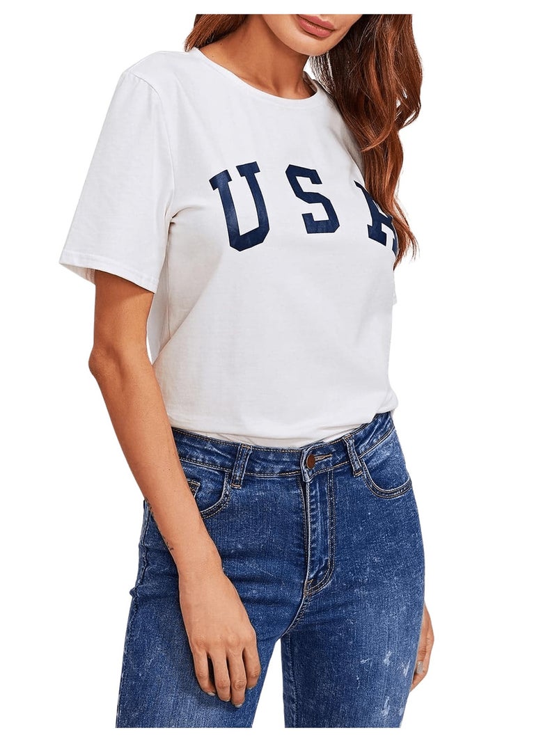 SweatyRocks Women's Graphic T Shirts Letter Print Flag Short Sleeve Casual Crop Tops Bright White Large - Image 2